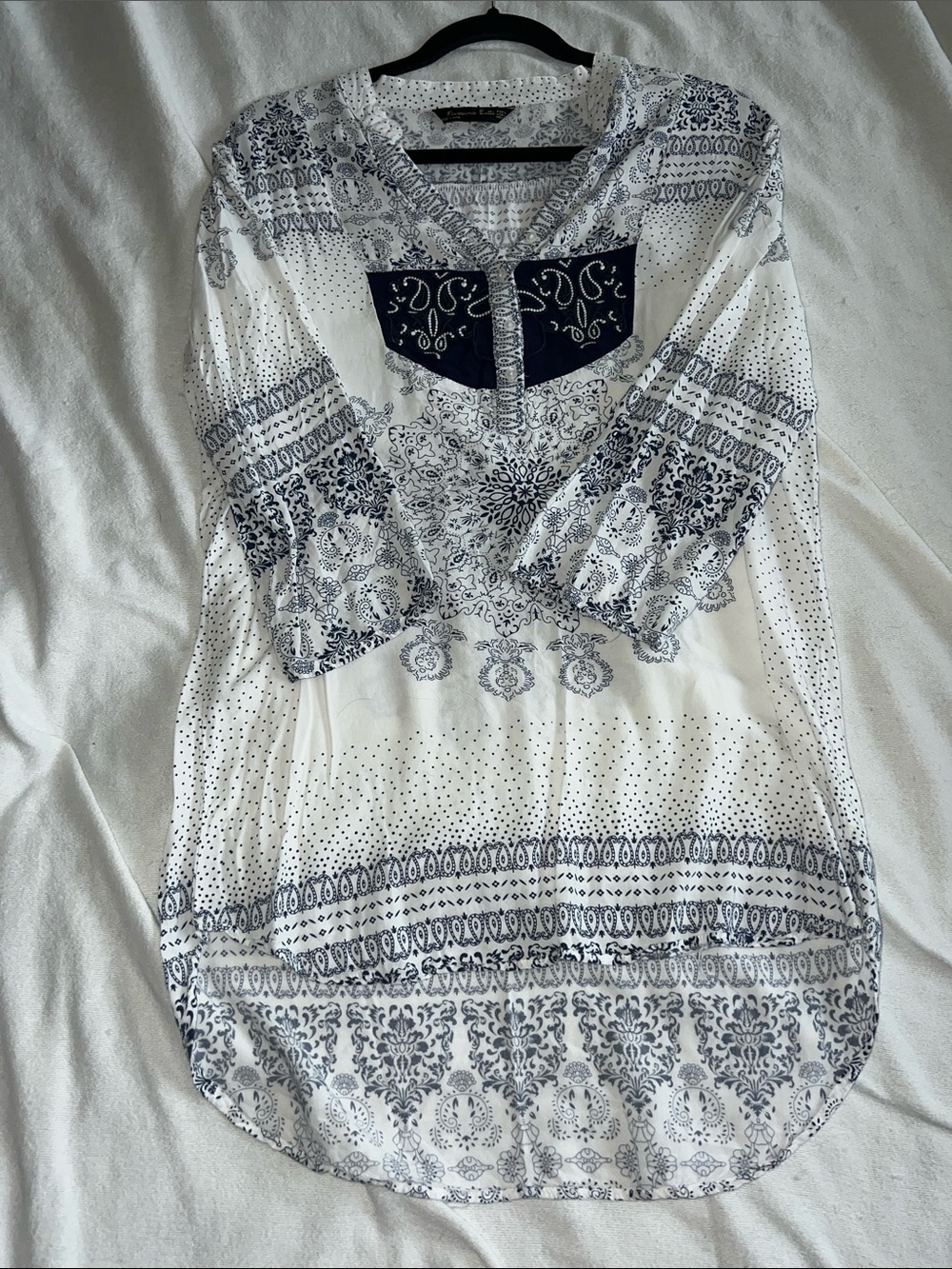 White and Navy Printed V-Neck Tunic with Navy Yoke